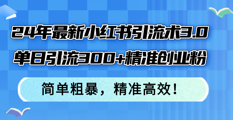 24年最新小红书引流术3.0，单日引流300+精准创业粉，简单粗暴，精准高效！-有道资源网