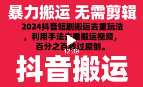 2024最新抖音搬运技术，抖音短剧视频去重，手法搬运，利用工具去重，达到秒过原创的效果【揭秘】-有道资源网