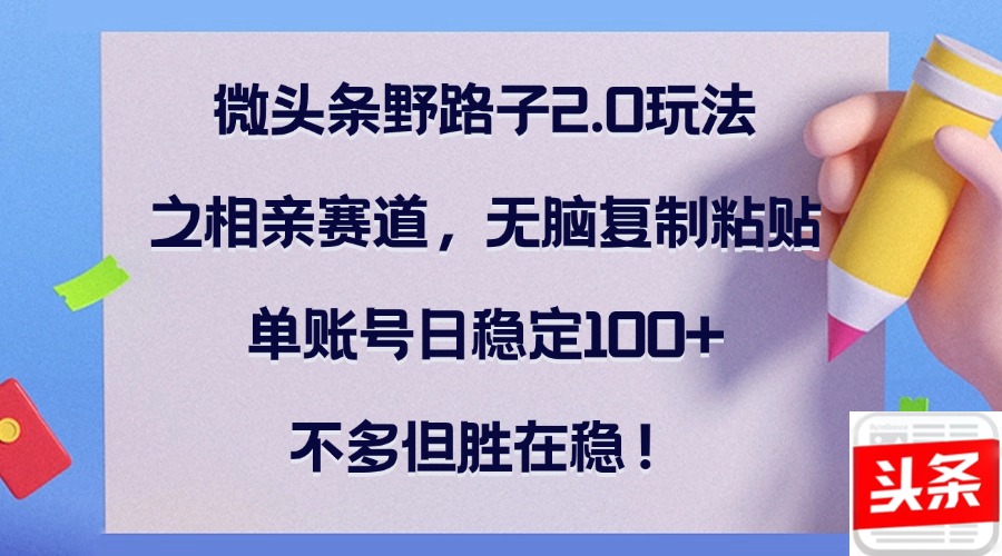 微头条野路子2.0玩法之相亲赛道，无脑复制粘贴，单账号日稳定100+，不…-有道资源网