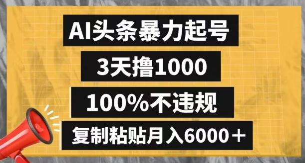 AI头条暴力起号，3天撸1000,100%不违规，复制粘贴月入6000＋【揭秘】-有道资源网