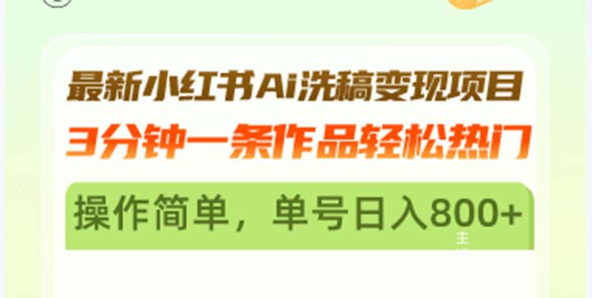 最新小红书Ai洗稿变现项目 3分钟一条作品轻松热门 操作简单，单号日入800+-有道资源网