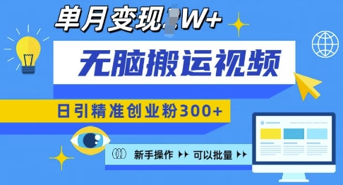 无脑搬运视频号可批量复制，新手即可操作，日引精准创业粉300+，月变现过W 【揭秘】-有道资源网