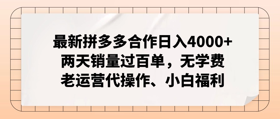 拼多多最新合作日入4000+两天销量过百单，无学费、老运营代操作、小白福利-有道资源网