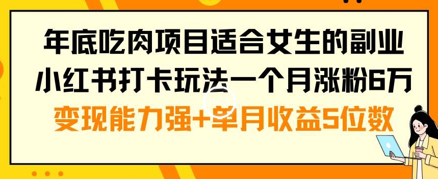 年底吃肉项目适合女生的副业小红书打卡玩法一个月涨粉6万+变现能力强+单月收益5位数【揭秘】-有道资源网