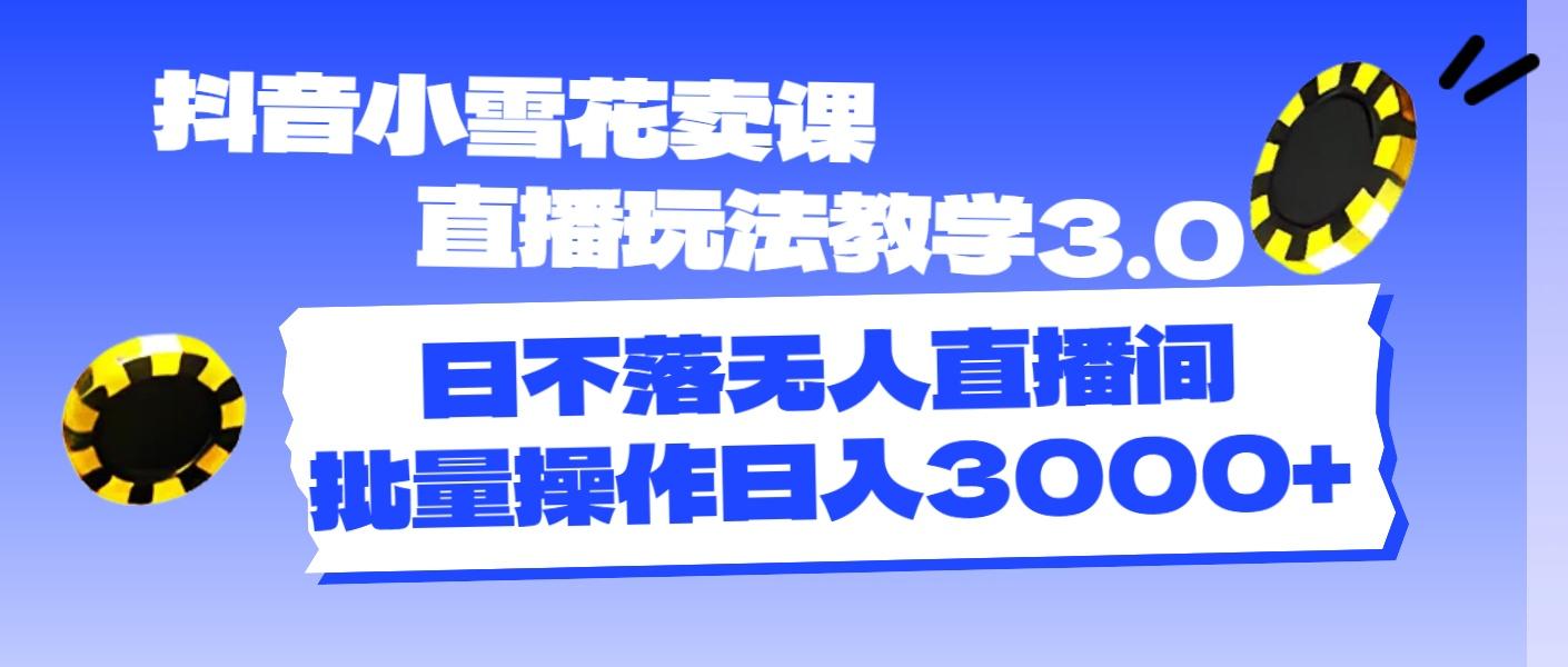 抖音小雪花卖课直播玩法教学3.0，日不落无人直播间，批量操作日入3000+-有道资源网