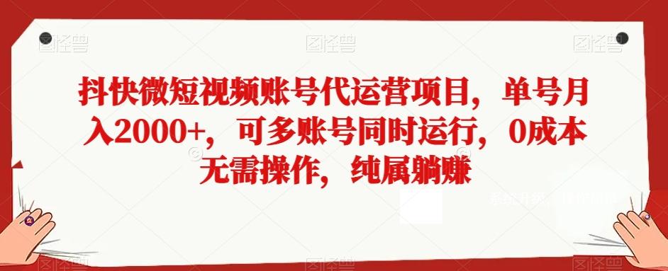 抖快微短视频账号代运营项目，单号月入2000+，可多账号同时运行，0成本无需操作，纯属躺赚【揭秘】-有道资源网