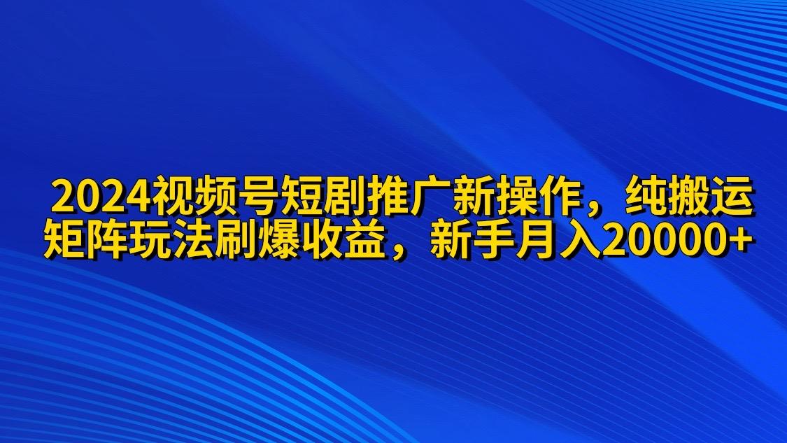 (9916期)2024视频号短剧推广新操作 纯搬运+矩阵连爆打法刷爆流量分成 小白月入20000-有道资源网