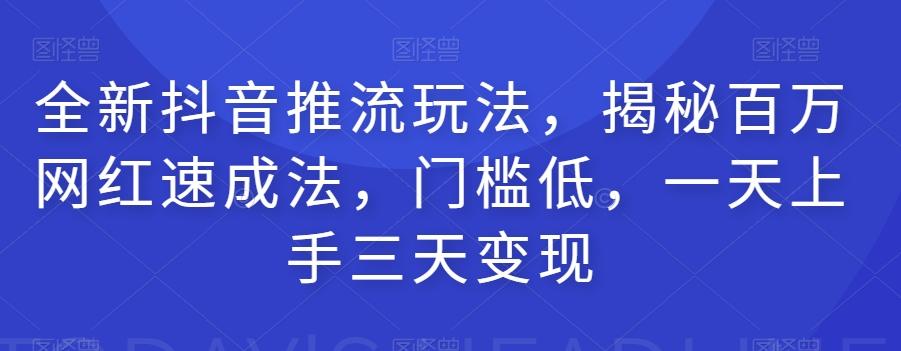 全新抖音推流玩法，揭秘百万网红速成法，门槛低，一天上手三天变现-有道资源网