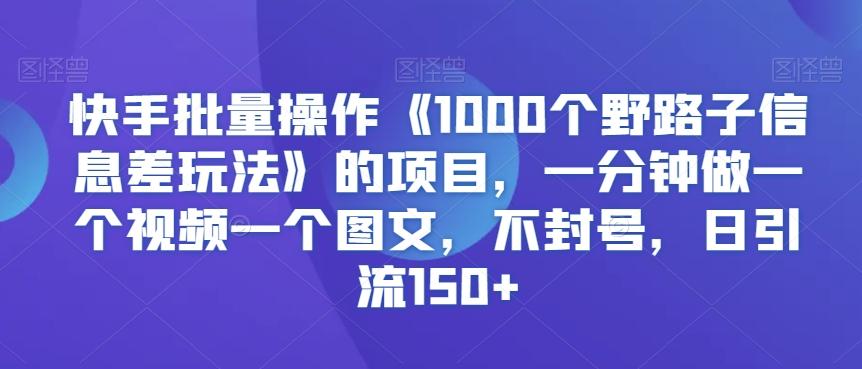 快手批量操作《1000个野路子信息差玩法》的项目，一分钟做一个视频一个图文，不封号，日引流150+【揭秘】-有道资源网