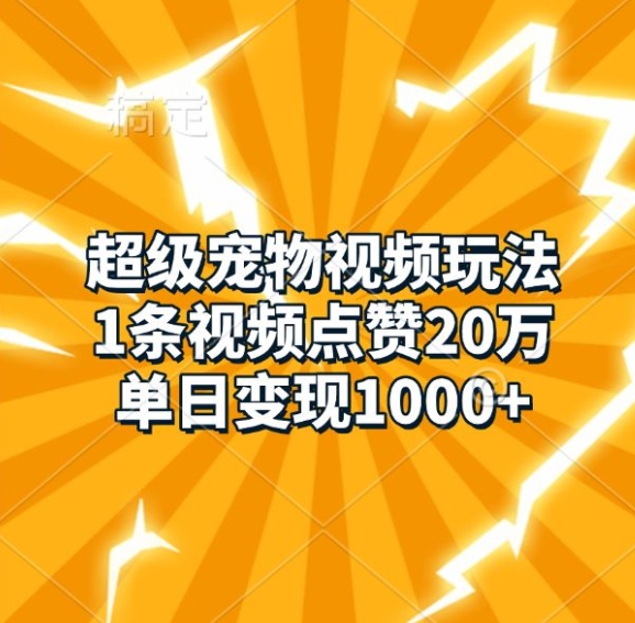 超级宠物视频玩法，1条视频点赞20万，单日变现1k-有道资源网