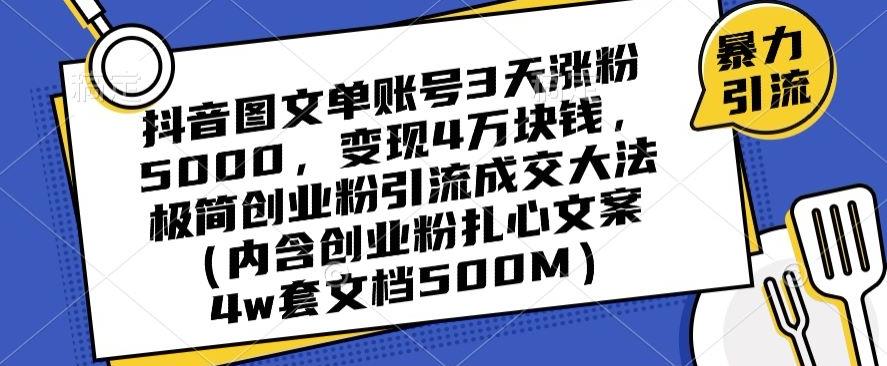 抖音图文单账号3天涨粉5000，变现4万块钱，极简创业粉引流成交大法-有道资源网