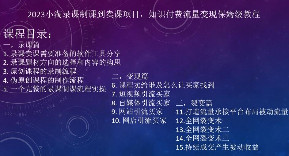 2023小淘录课制课到卖课项目，知识付费流量变现保姆级教程-有道资源网