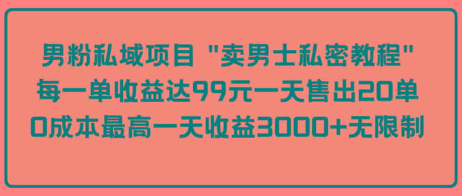 (9730期)男粉私域项目 “卖男士私密教程” 每一单收益达99元一天售出20单-有道资源网