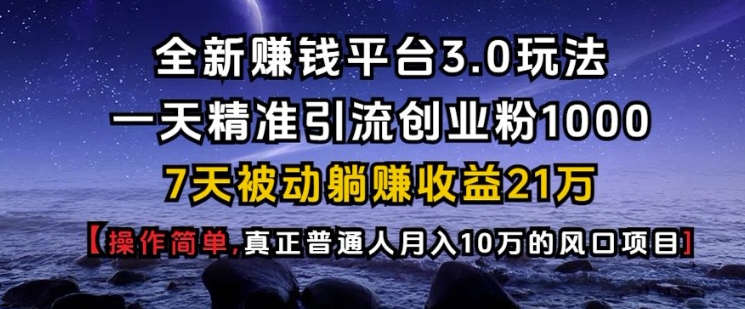 全新赚钱平台3.0玩法一天精准引流创业粉1000.7天被动躺Z收益21W【仅揭秘】-有道资源网